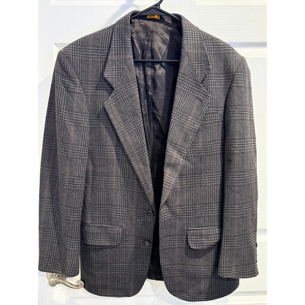 New River Mens 38R Glen Plaid Blazer Grey Brown Made in USA Sport Coat